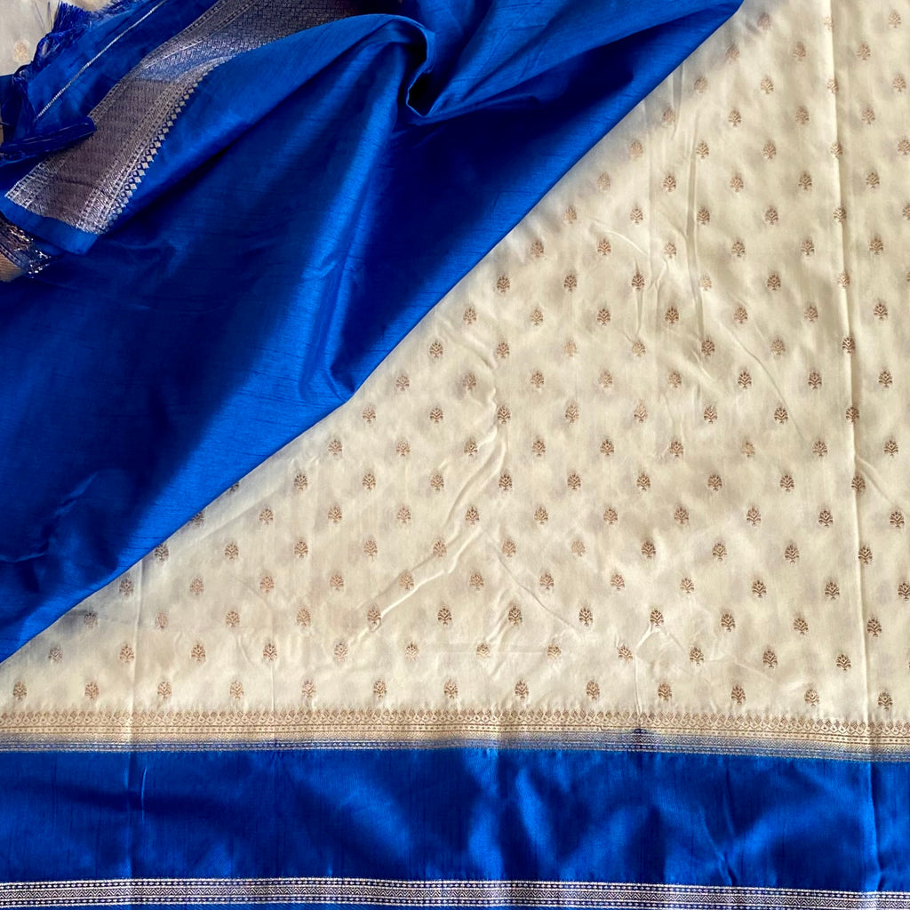 Ivory Blue Silk Saree with Gold Brocade Pallu Tassel Border