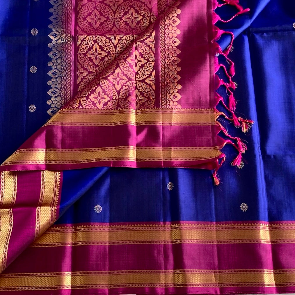 Royal Blue Designer Pure Silk With Rani Pink Pallu & Retta Petta Borders
