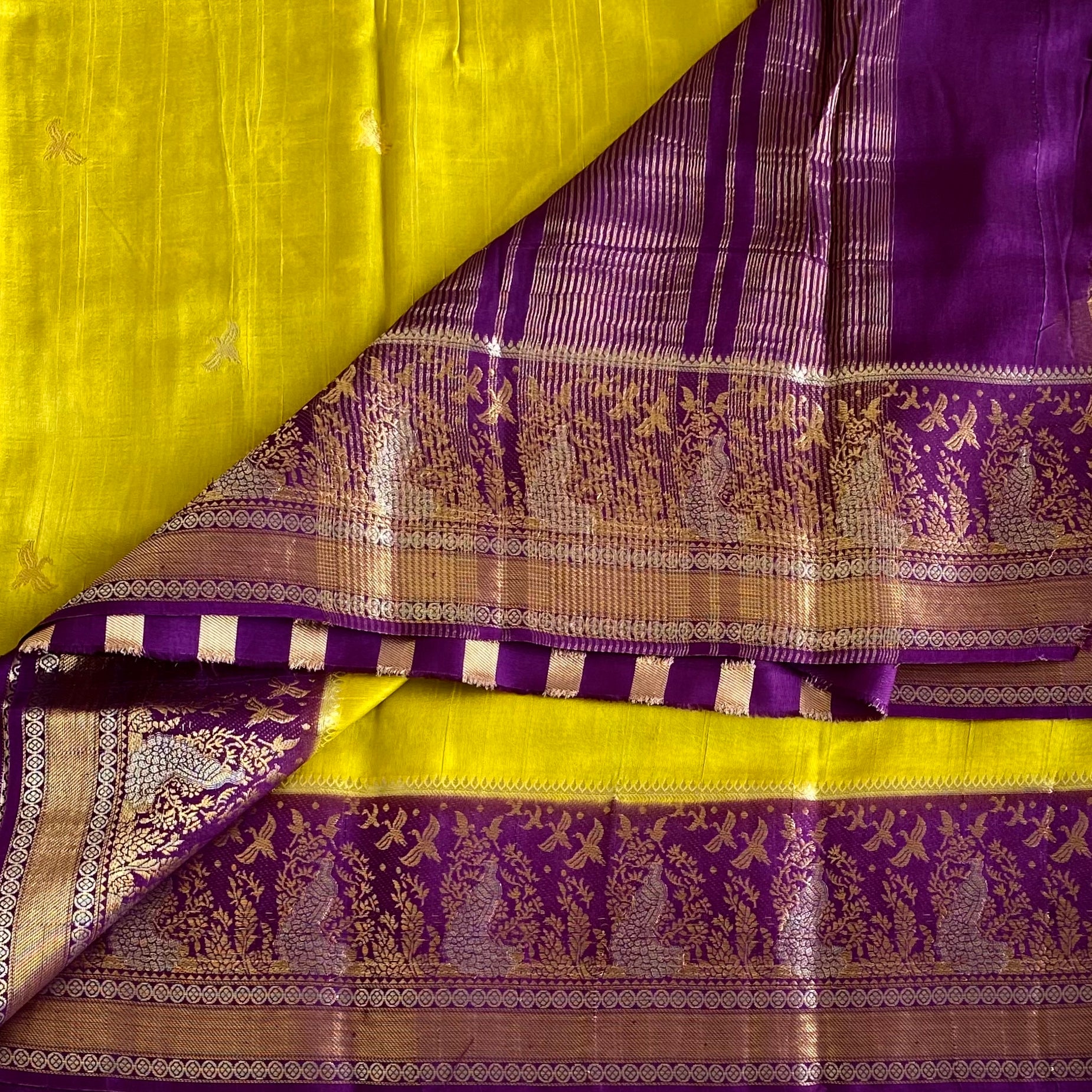 Soft Tussar Silk Lime Yellow Saree With Royal Purple Pallu