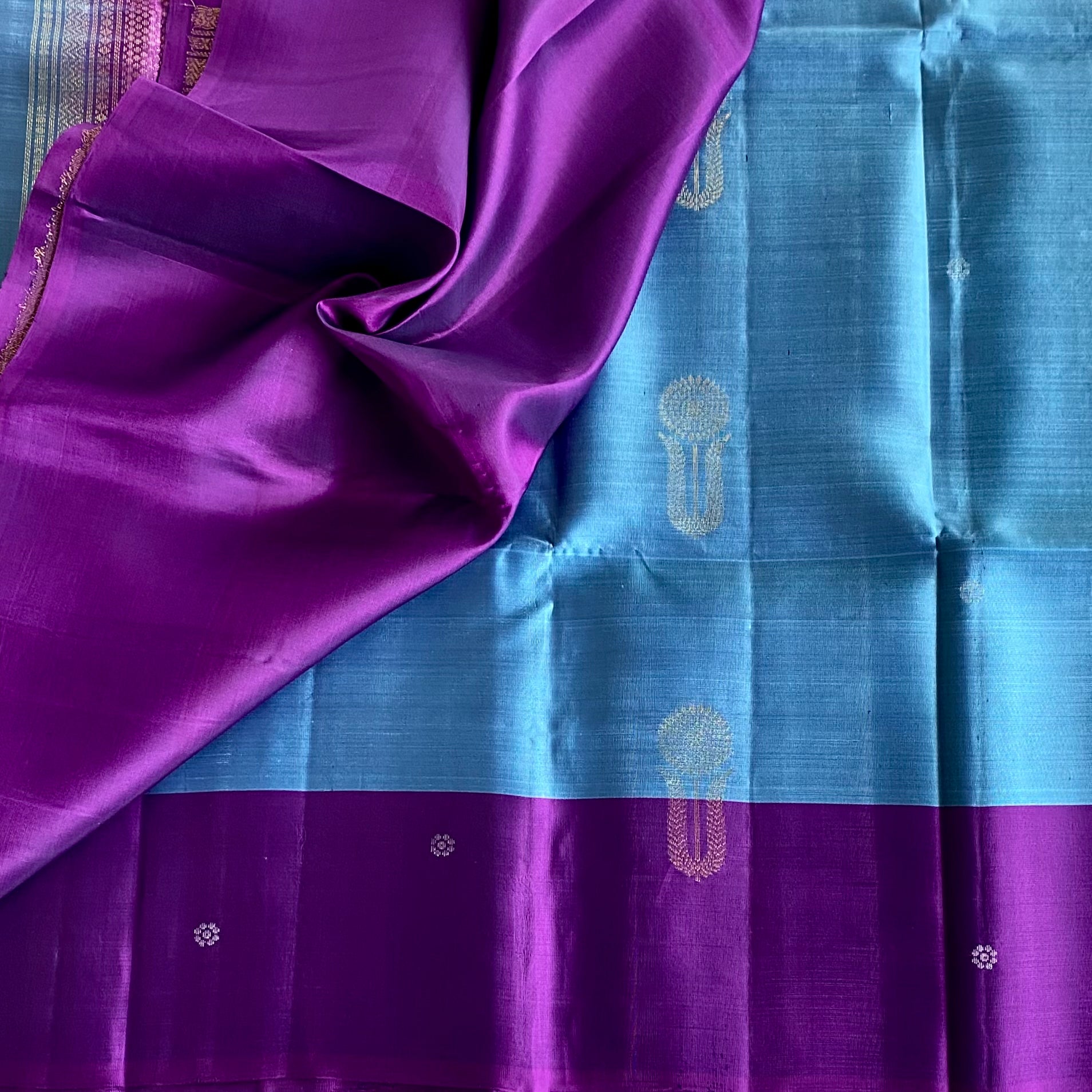 Royal Purple Designer Pure Silk Saree With Teal Blue Pallu