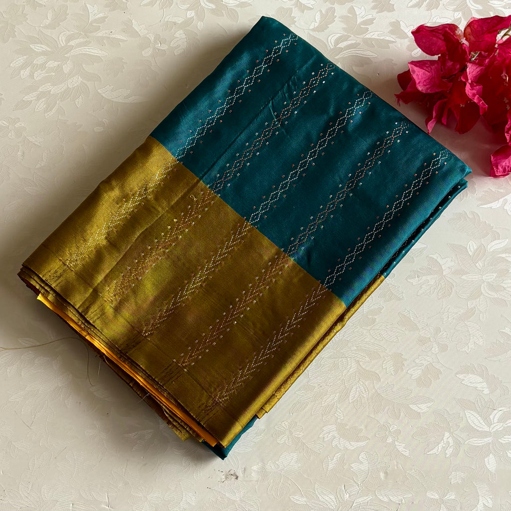 Peacock Blue Soft Blended Silk With Mustard Green Borders
