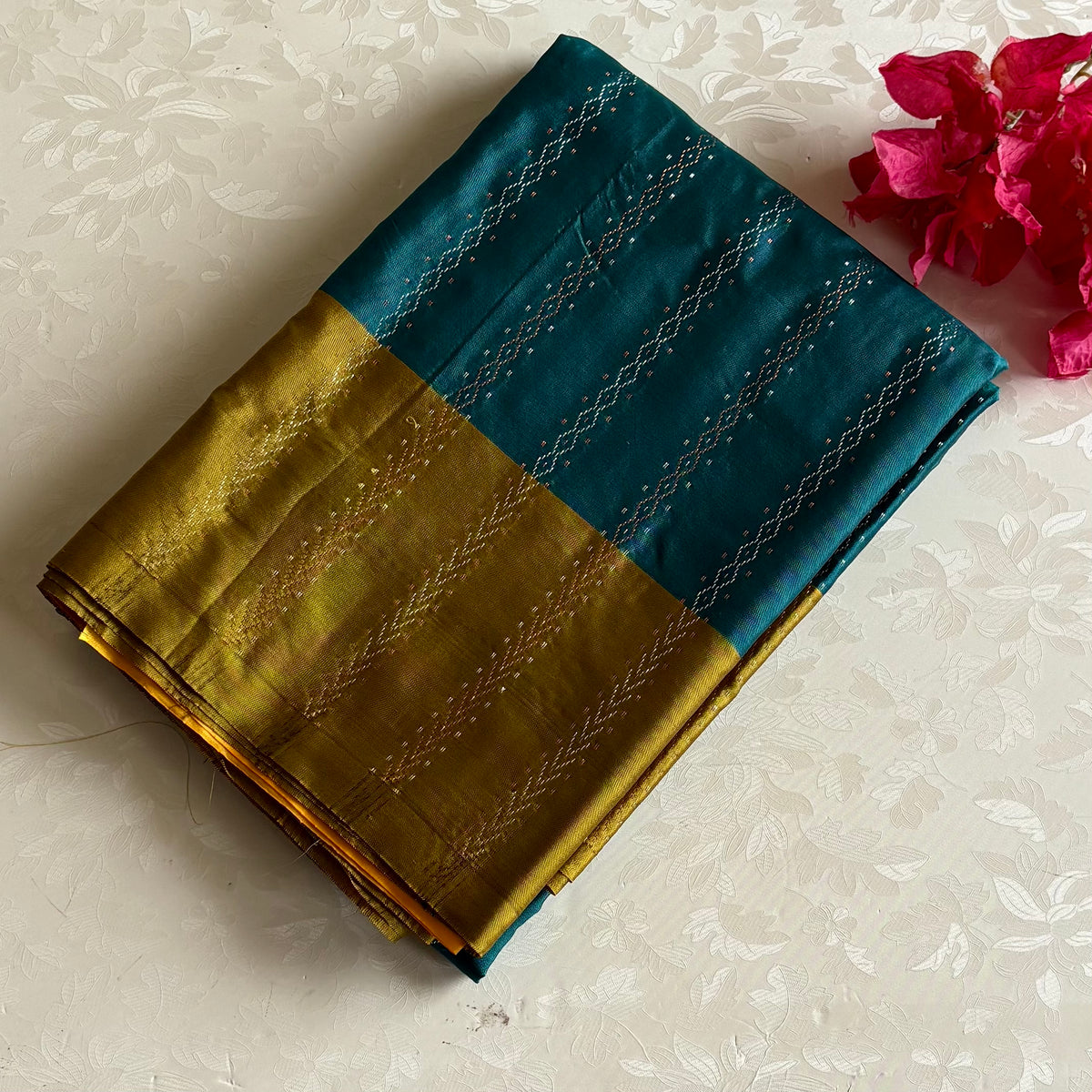 Peacock Blue Soft Blended Silk With Mustard Green Borders