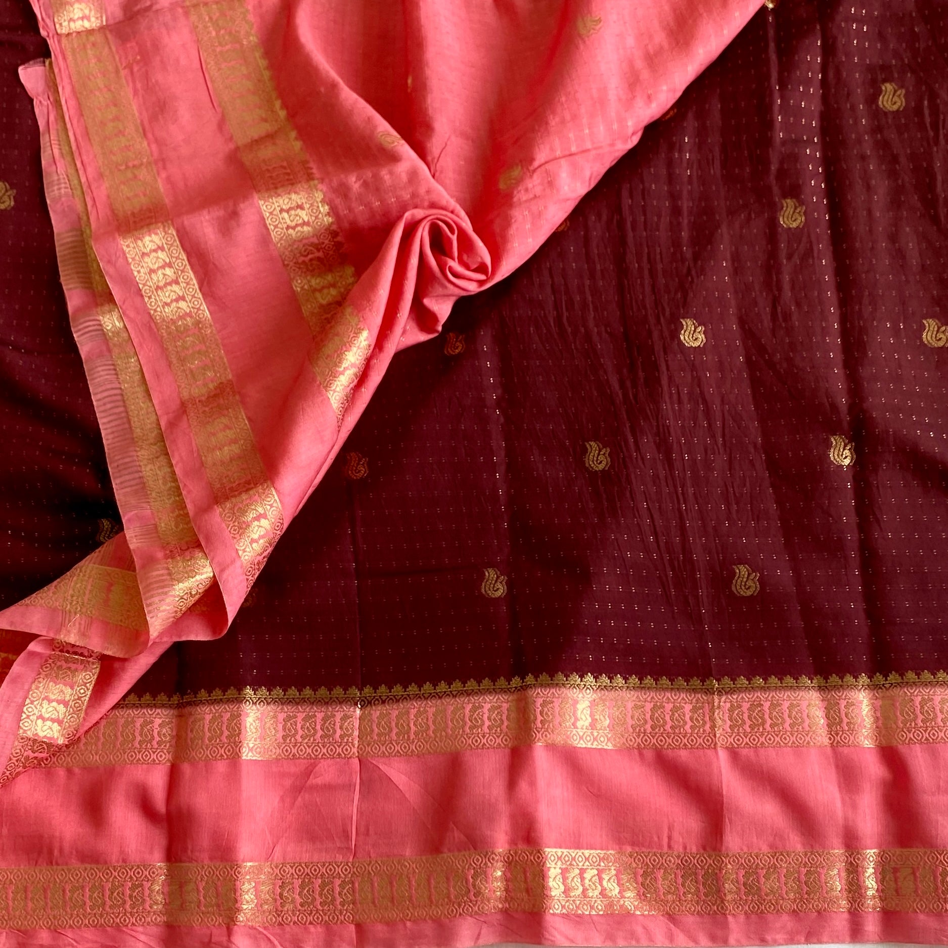 Deep Maroon Soft Tussar Silk Saree With Coral Pink Pallu