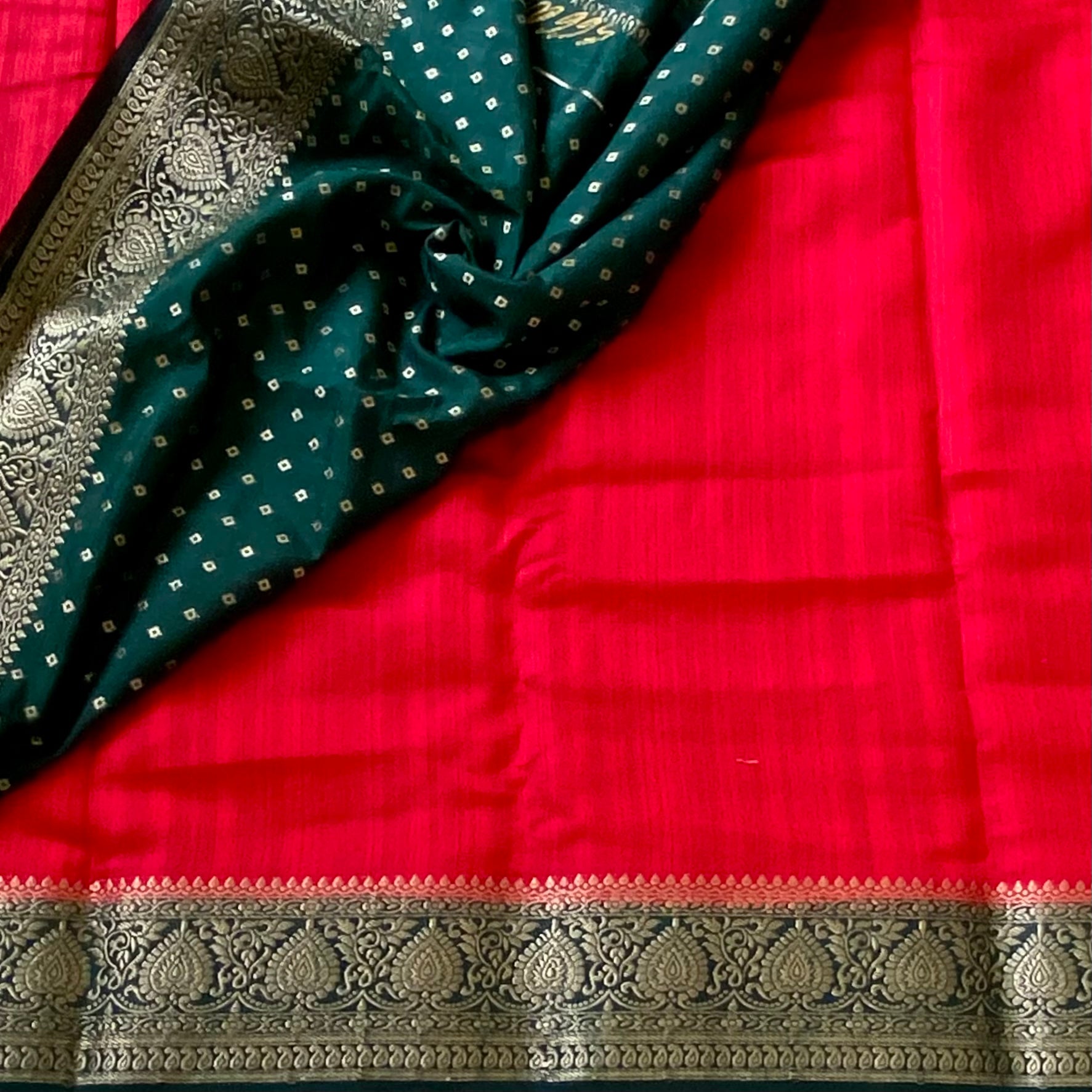 Crimson Red Silk Saree Antique Gold Pallu Forest Green Border