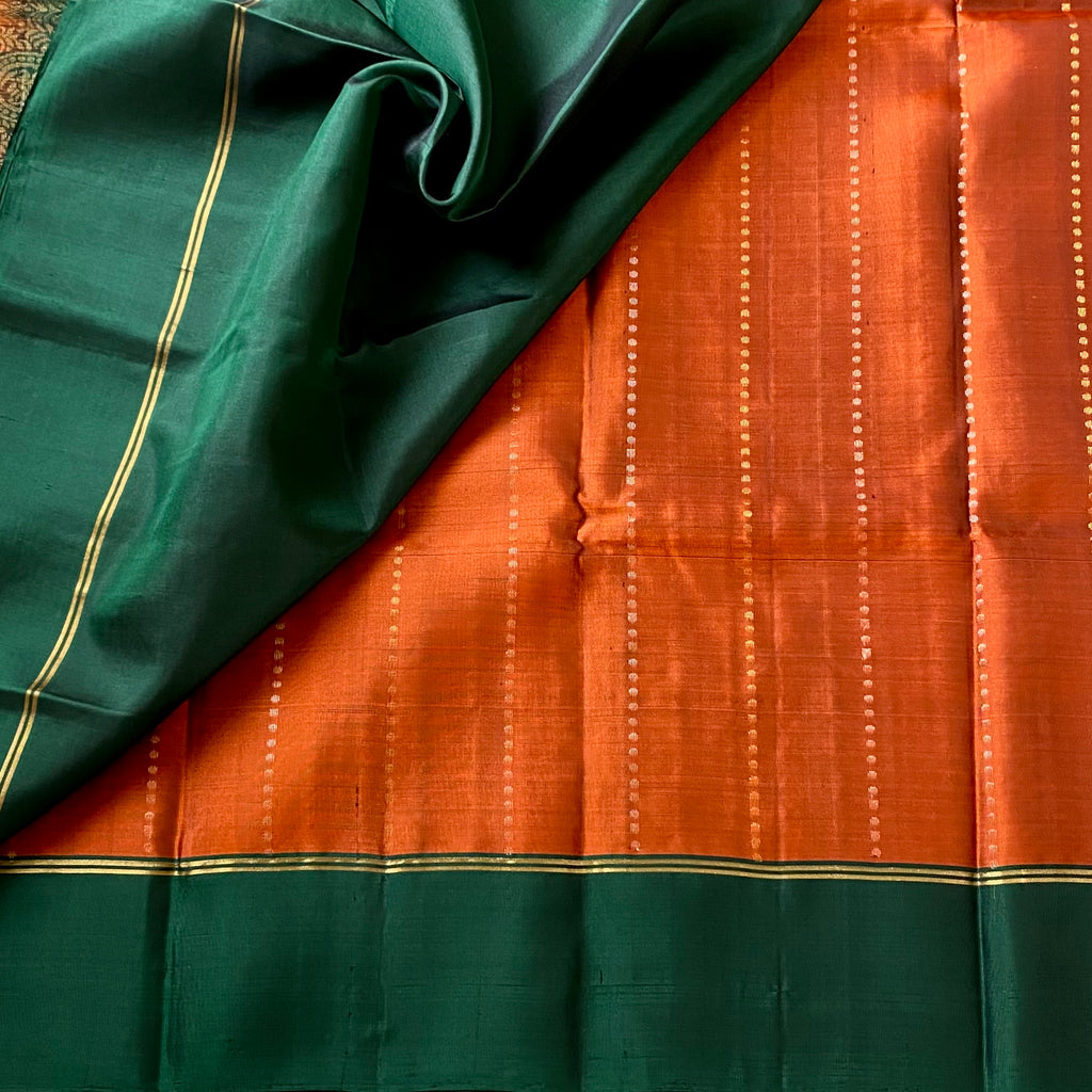 Burnt Orange with Emerald Green handwoven designer pure silk