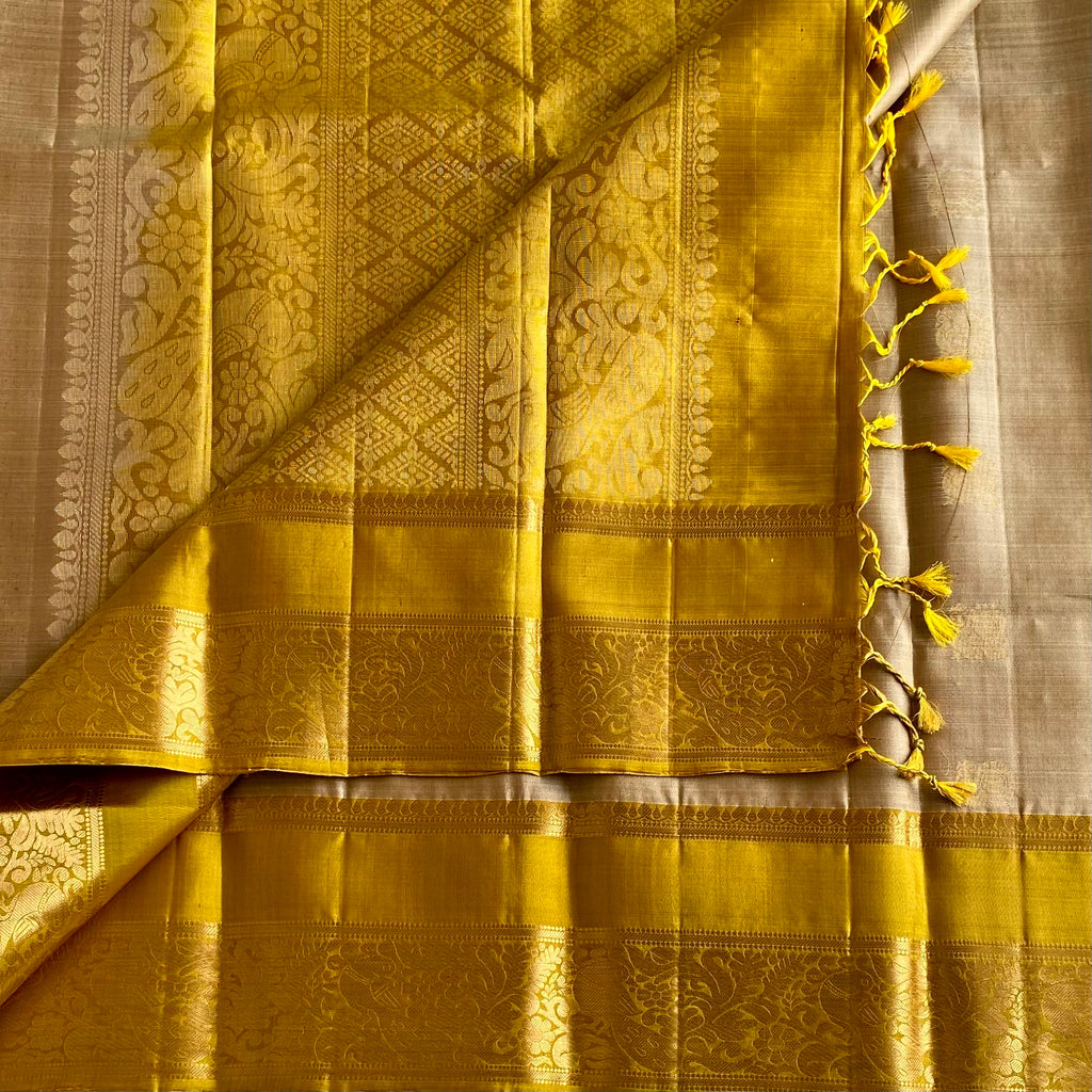 Champagne Beige Designer Pure Silk With Magical Yellow