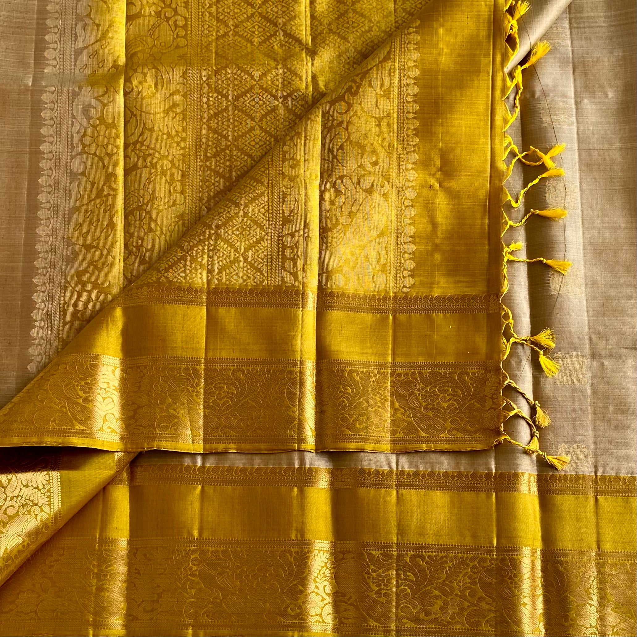 Champagne Beige Designer Pure Silk With Magical Yellow