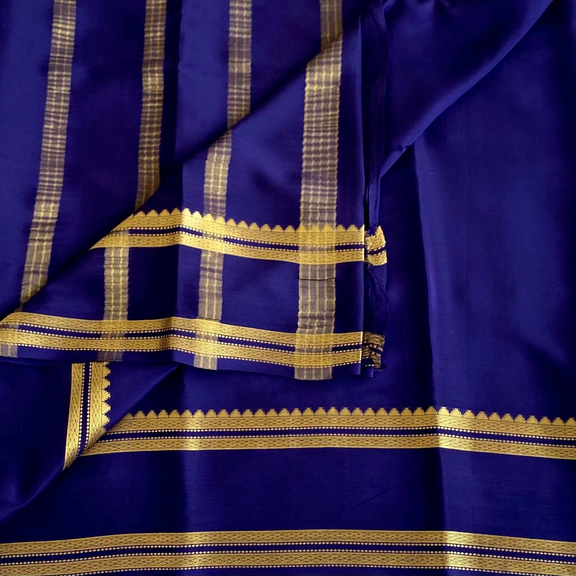 Midnight Navy Mysore Crepe Silk Saree With Gold Border Stripes