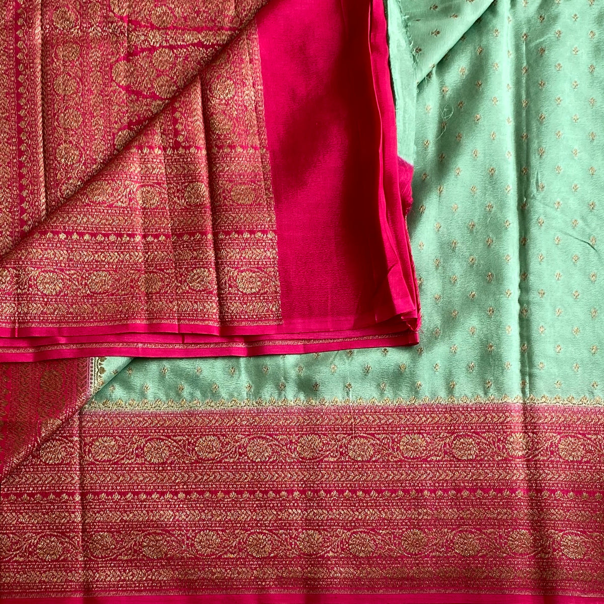 Mint Green & Rani Pink Banarasi Crepe Silk Saree With Antique Zari Buttas