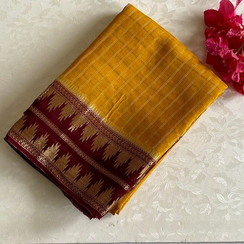 Mustard Yellow Soft Tussar Silk Saree With Deep Maroon Pallu