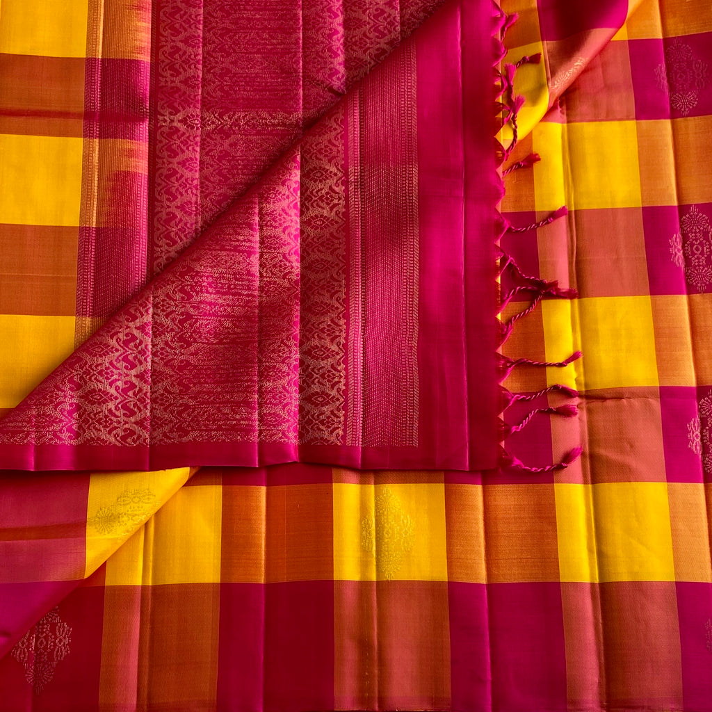 Rani Pink and Golden Yellow Designer Pure Silk Saree With Jacquard Pallu