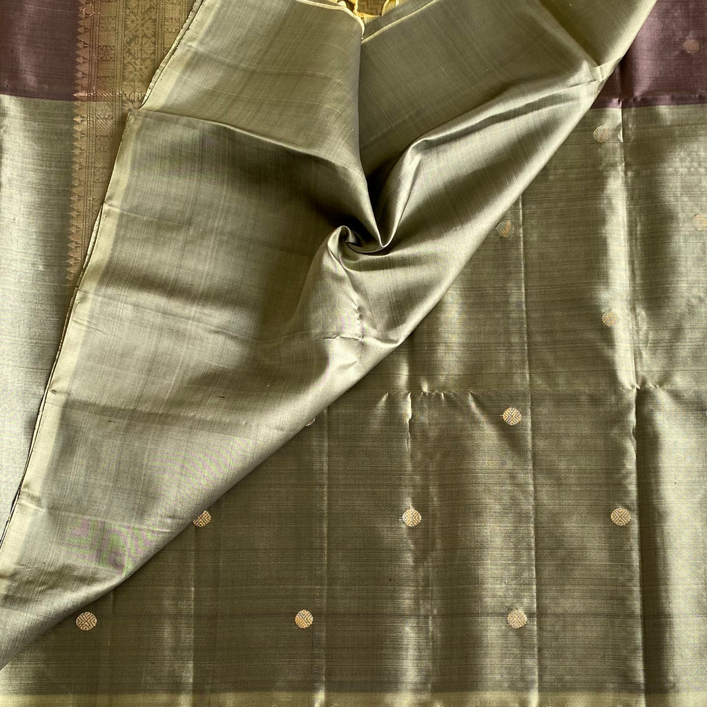 Half n half Greyish Gold with Deep Plum Designer Pure Silk with Zari Woven Buttas