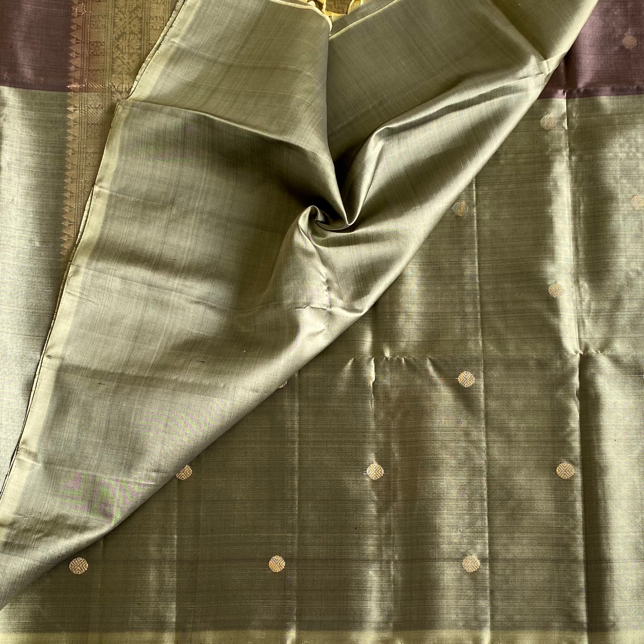 Half n half Greyish Gold with Deep Plum Designer Pure Silk with Zari Woven Buttas