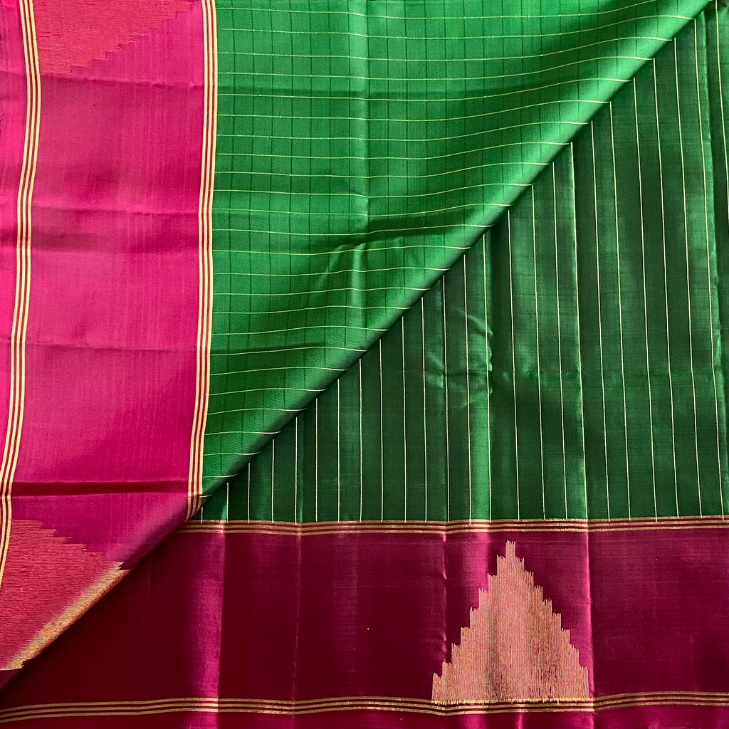 Deep Emerald Green And Magenta Designer Pure Silk Saree