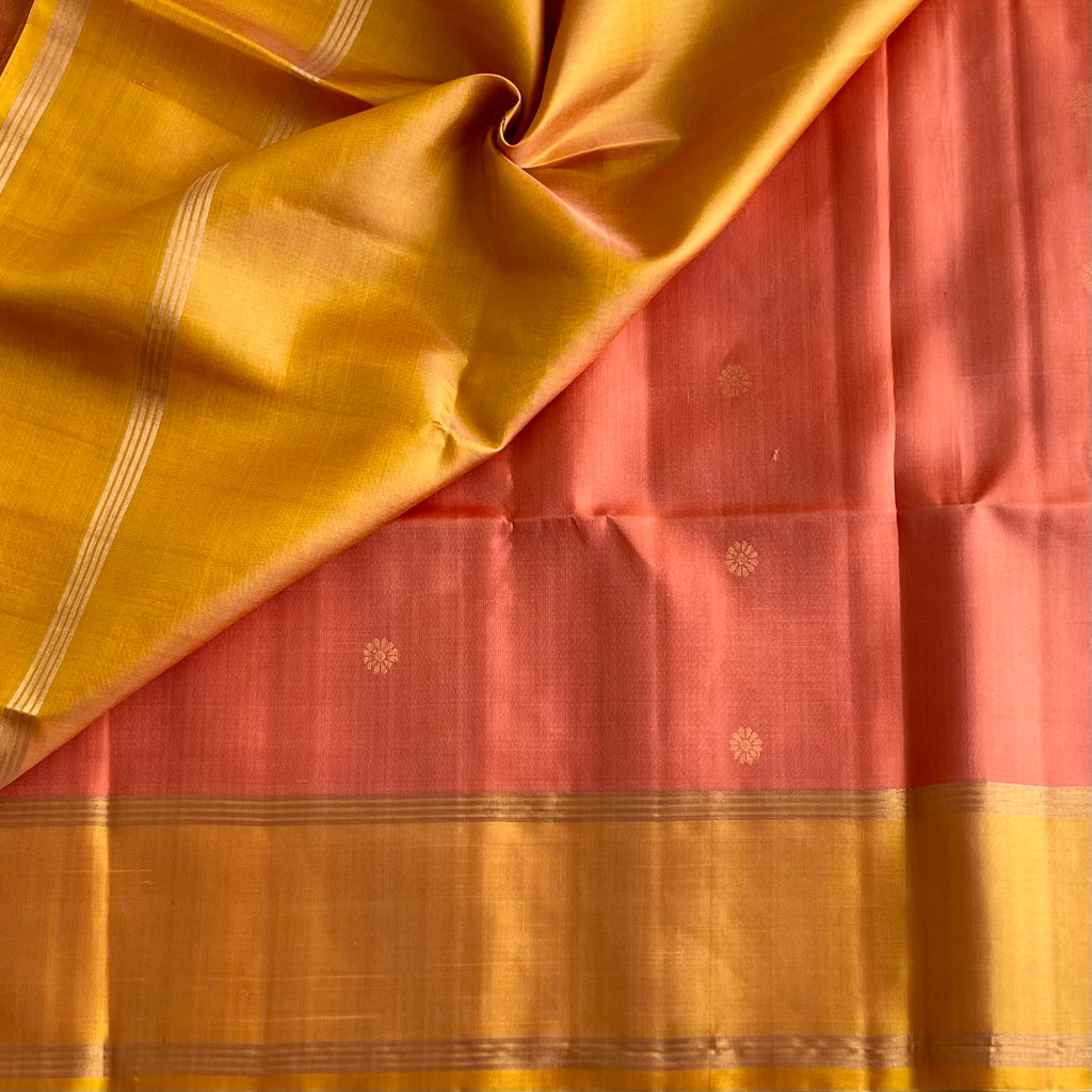 Dusty Peachish Rose Designer Pure Silk Saree With Mustard Yellow Pallu