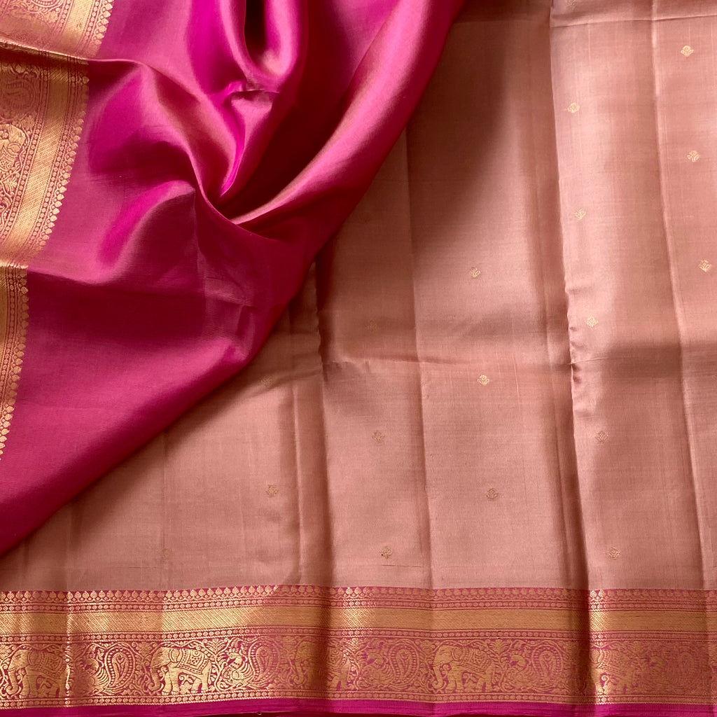 Metallic Peachy Rose Designer Pure Silk Saree Rose Pink Zari Border Contrast Pallu