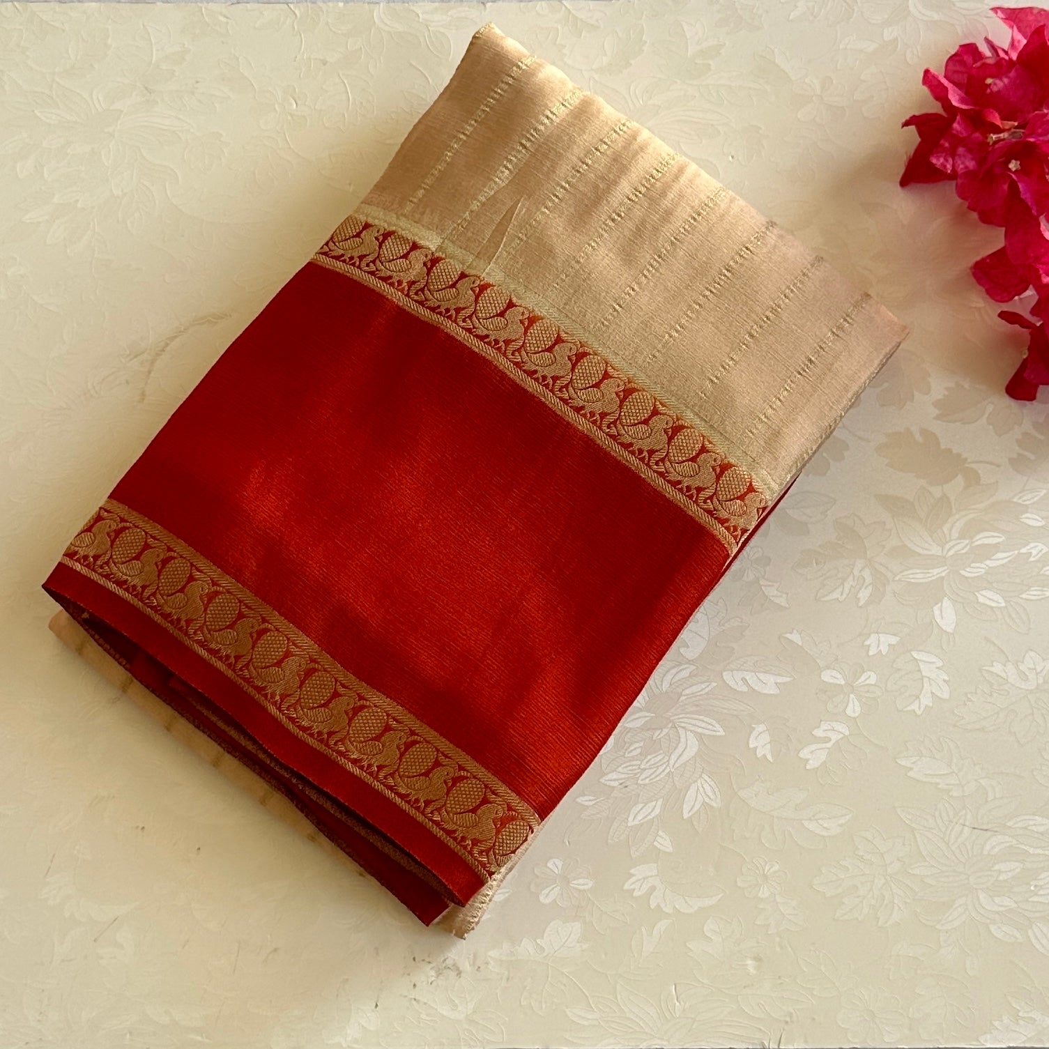 Burnt Orange Gold Zari Beige Pallu Traditional Festive Saree Elegance