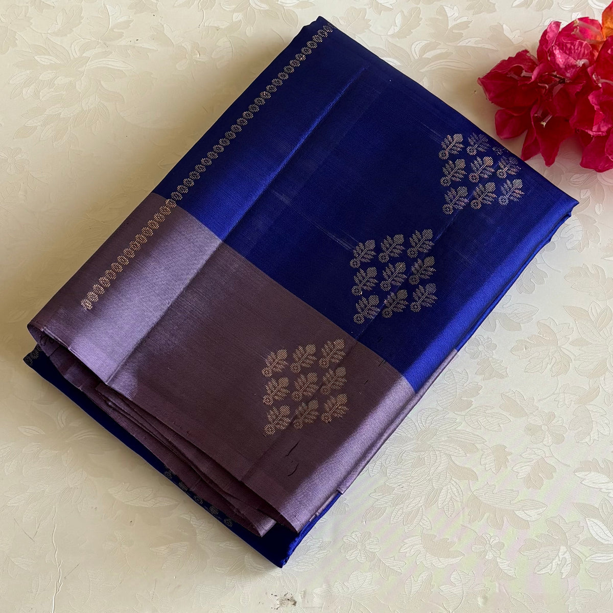 Deep Royal Blue Designer Pure Silk Saree With Mauve Grey Pallu