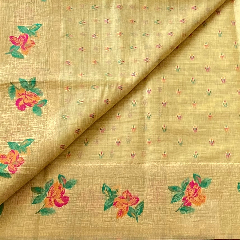 Elegant Mustard Floral Print Saree With Gold Sheen Tassels Design
