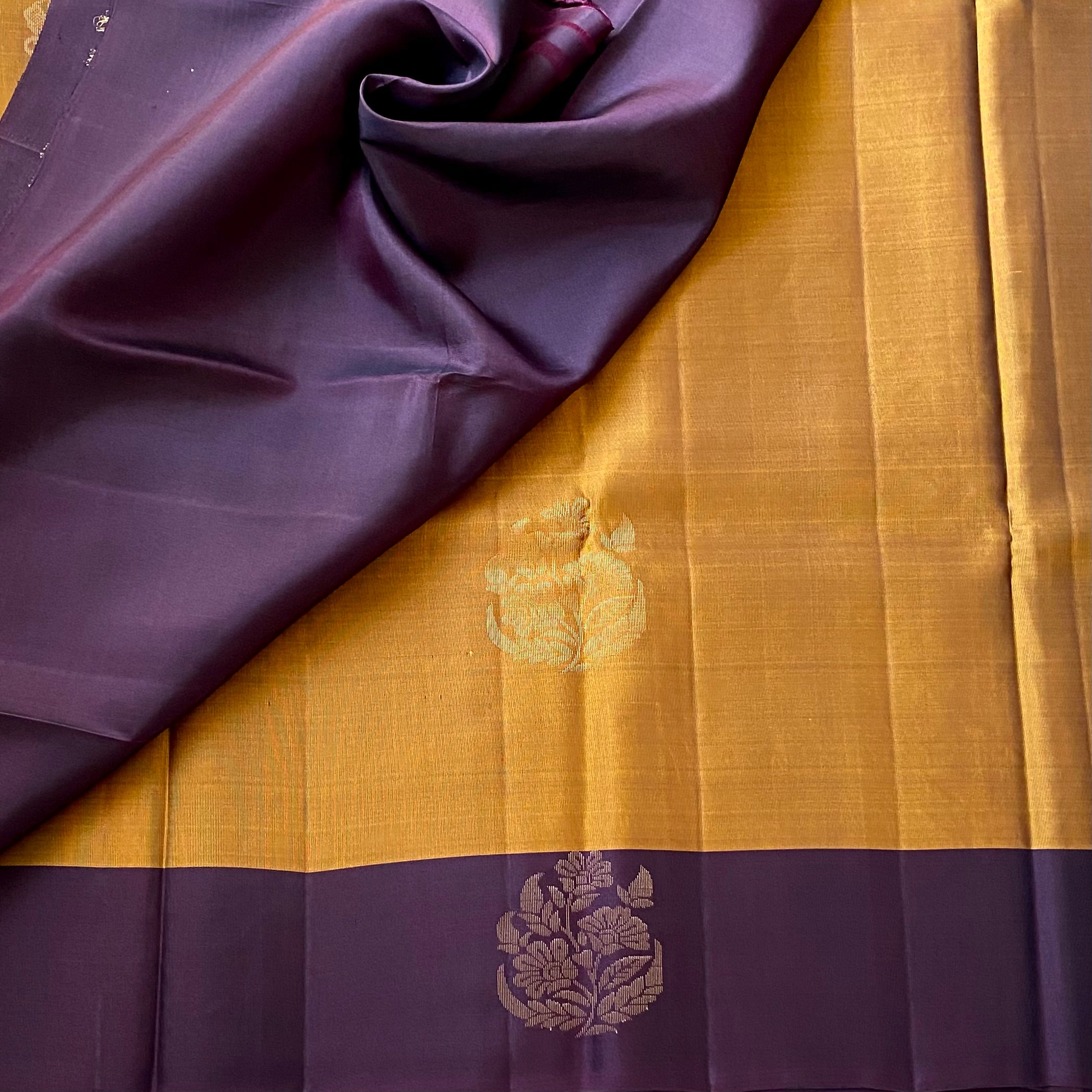 Traditional Mustard Plum Silk Saree With Gold Floral Zari Border