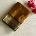 Mustard Gold Designer Pure Silk Saree Bottle Green Zari Border Contrast Pallu