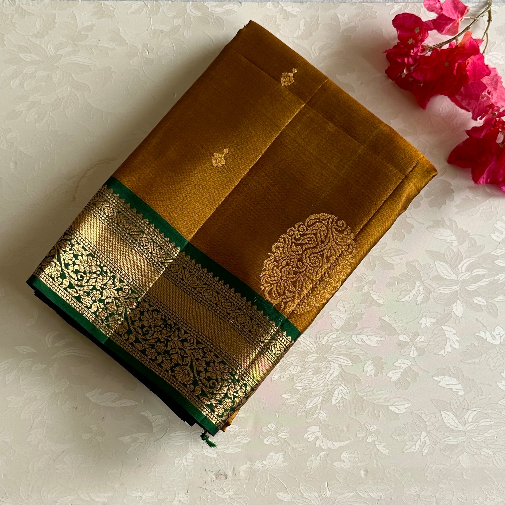 Mustard Gold Designer Pure Silk Saree Bottle Green Zari Border Contrast Pallu