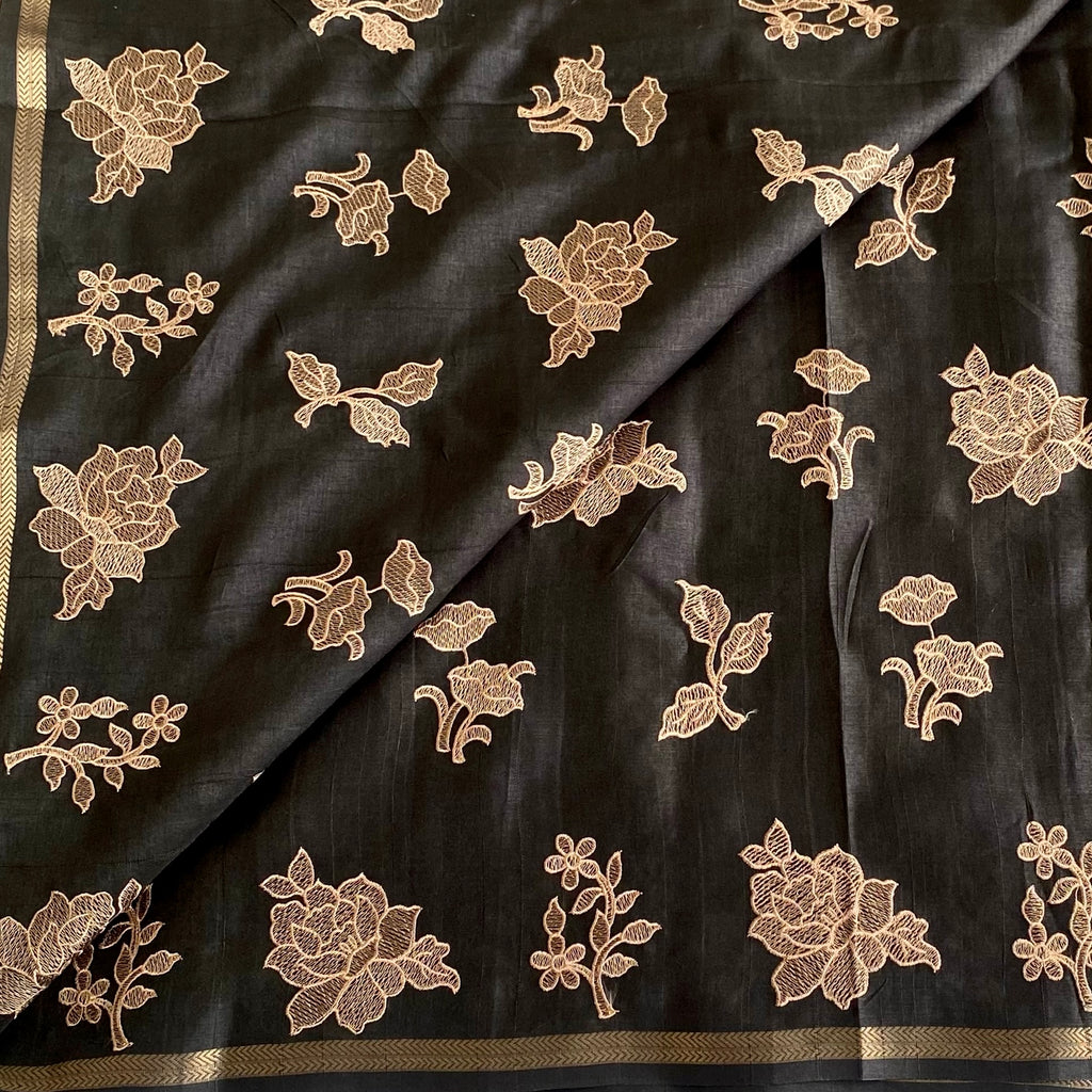 Jet Black Soft Tussar Silk Saree With Blush Embroidery Gold Pallu