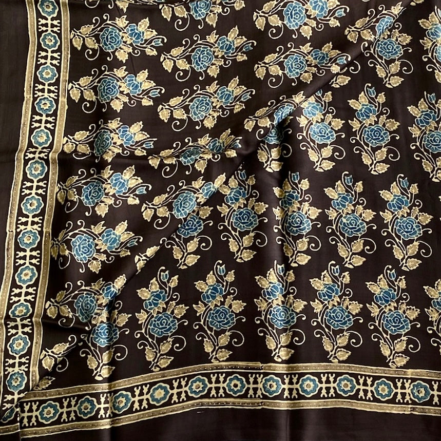 Deep Chocolate Brown Ajrakh Handblock Printed Silk Saree With Teal Blue Accents