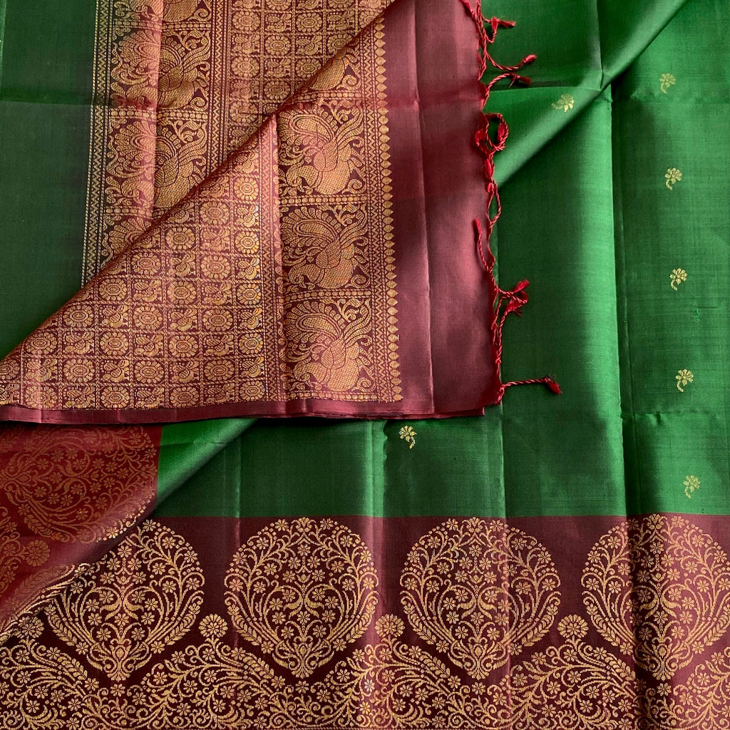 Bottle Green Designer Pure Silk Saree With Stunner Maroon Pallu
