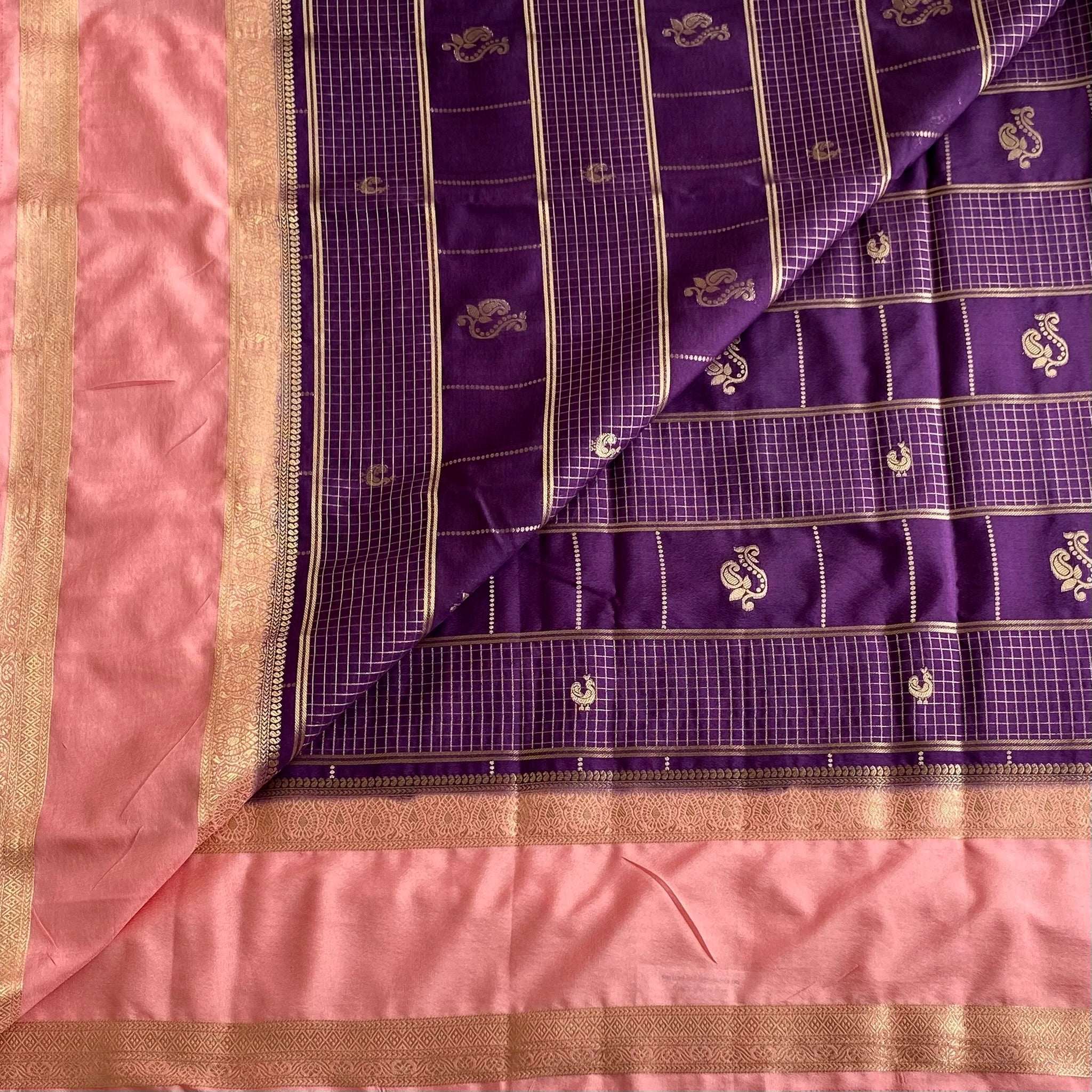 Dreamy Purple Soft Crepe Checkered Silk With Blush Pink Contrast