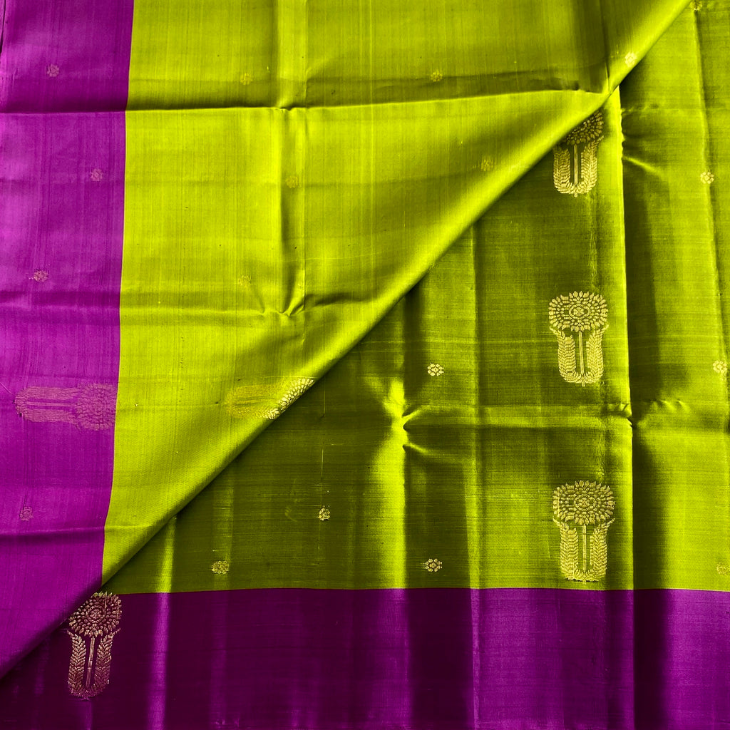 Chartreuse Green Designer Pure Silk Saree With Rich Magenta Pallu
