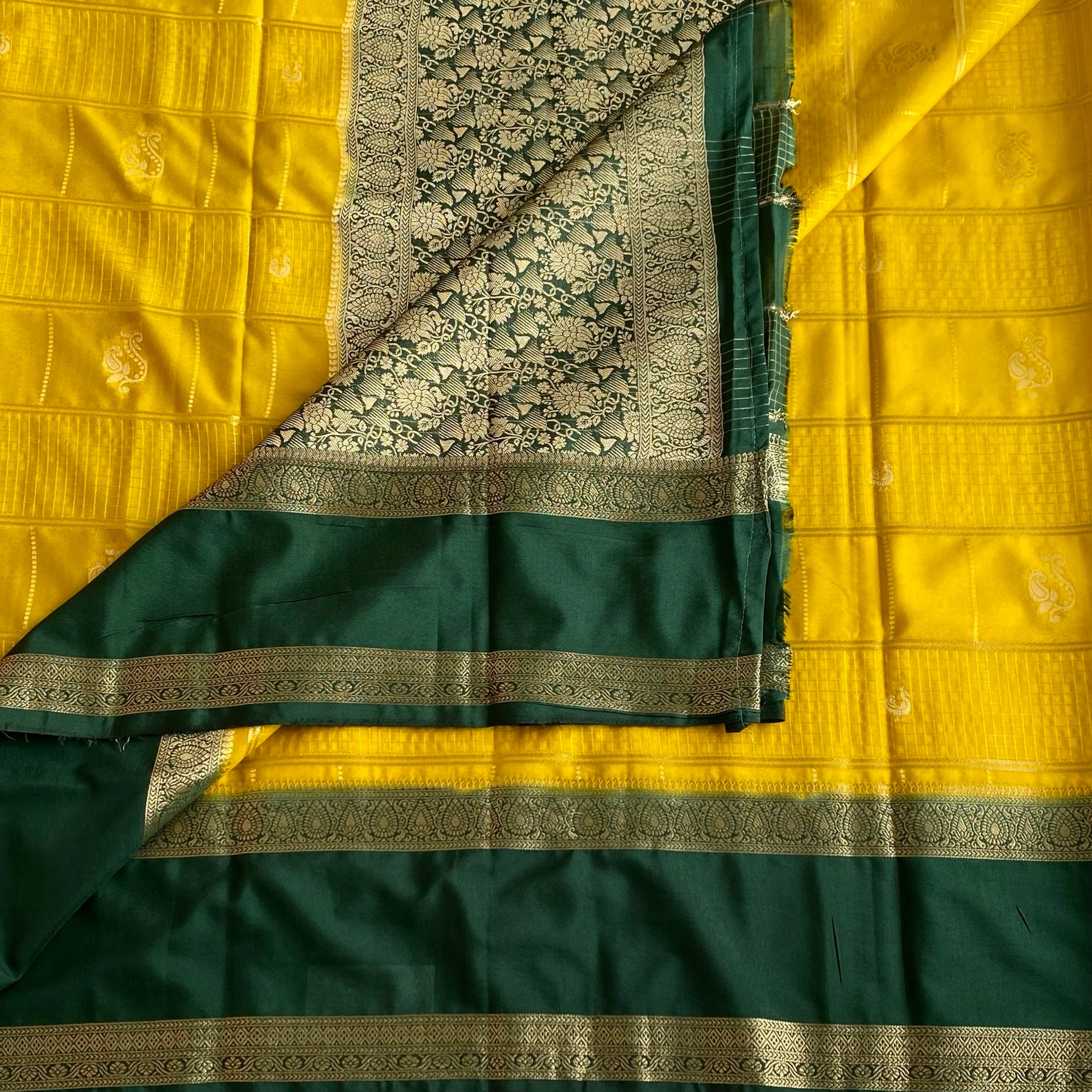 Lovely Mango Yellow Soft Crepe Checkered Silk With Bottle Green Contrast