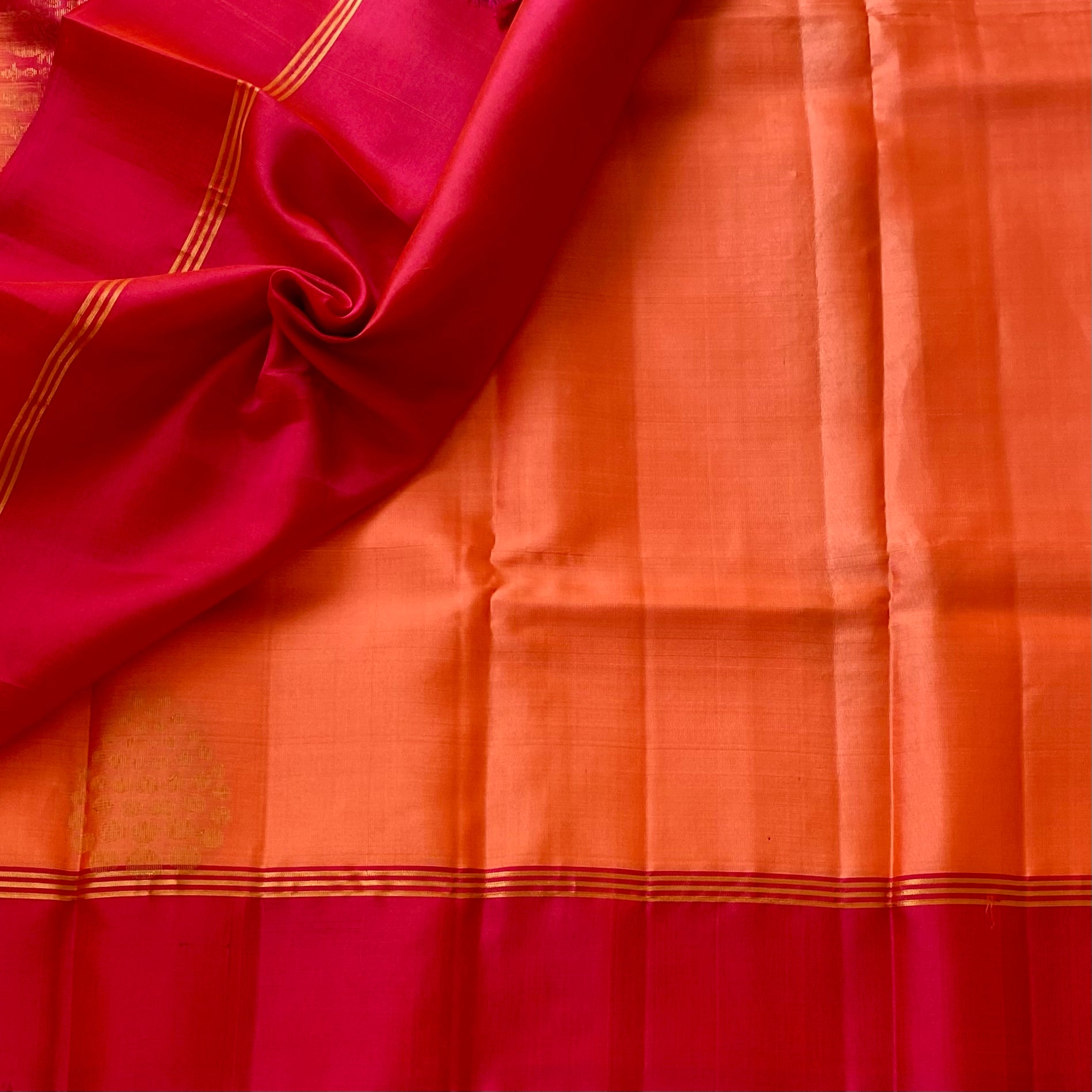 Sorbet Peach Designer Pure Silk With Rose Pink Contrast Pallu