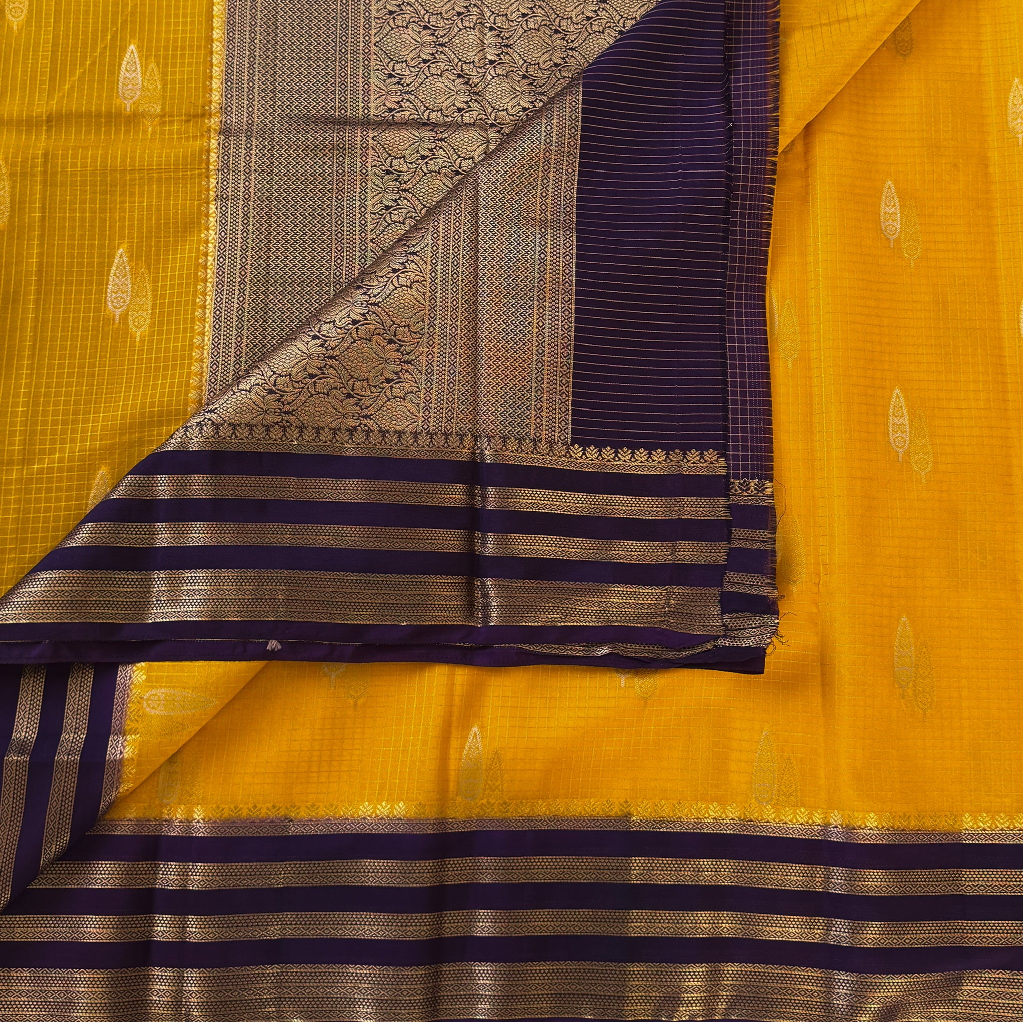 Marigold Yellow Silk Saree Royal Purple Pallu Antique Gold Zari