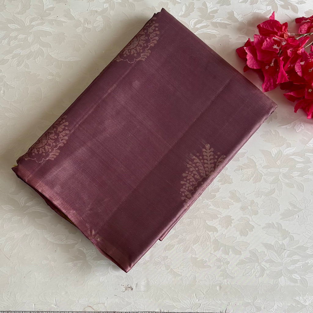 Dusty Mauve Designer Pure Silk Saree With Pastel Lime Green Pallu