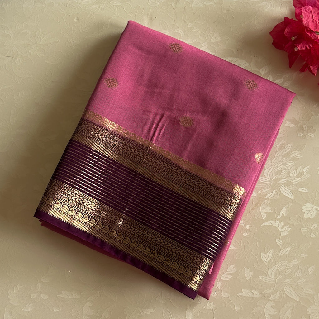 Rose Pink Saree With Plum Pallu Gold Zari Buti Motifs
