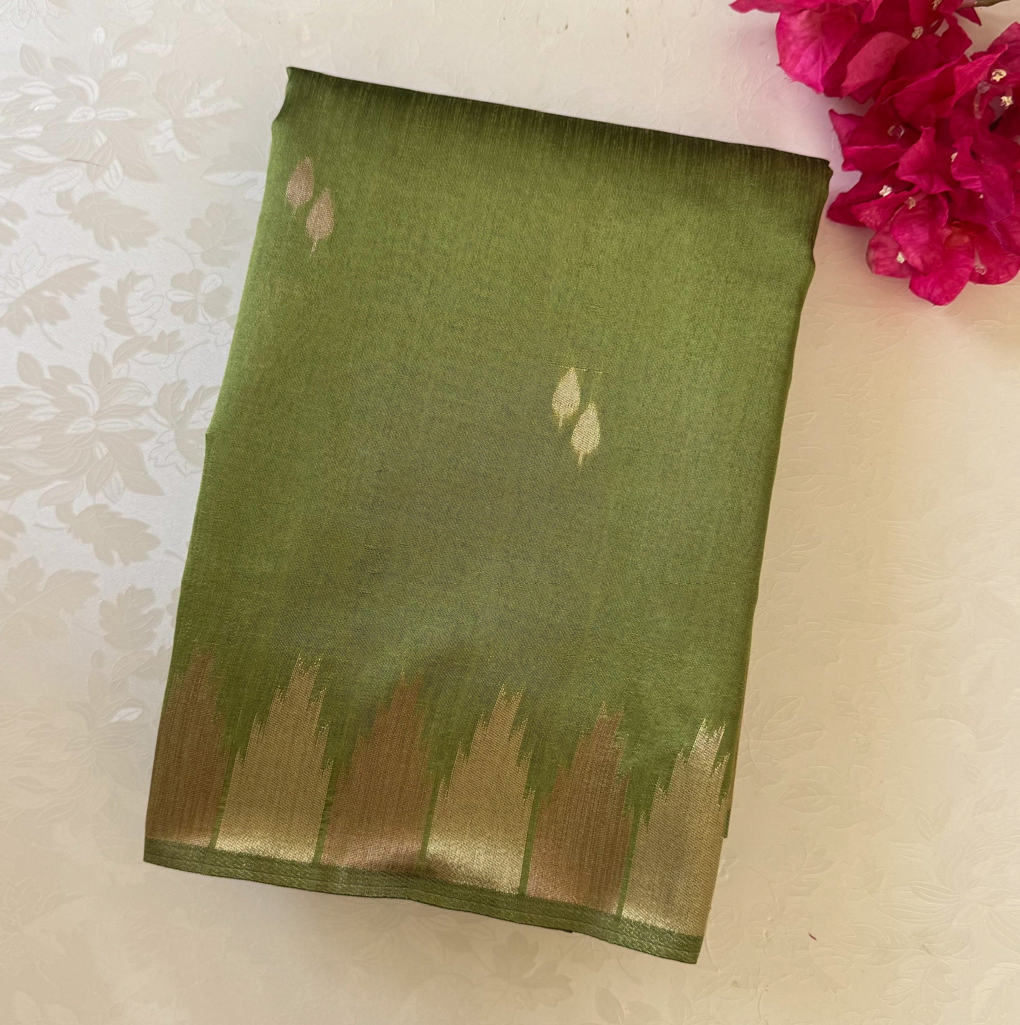 Traditional Emerald Olive Ikat Silk Saree Gold Butta Tassel Border