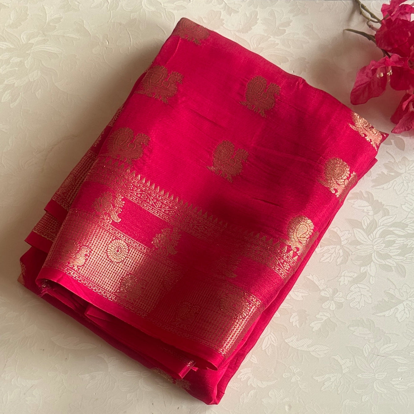 Fuchsia Silk Saree With Gold Brocade Butta Floral Pallu Traditional