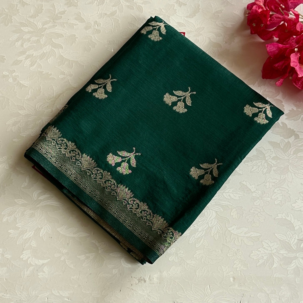 Emerald Green soft tussar with antique silver buttas and lotus borders