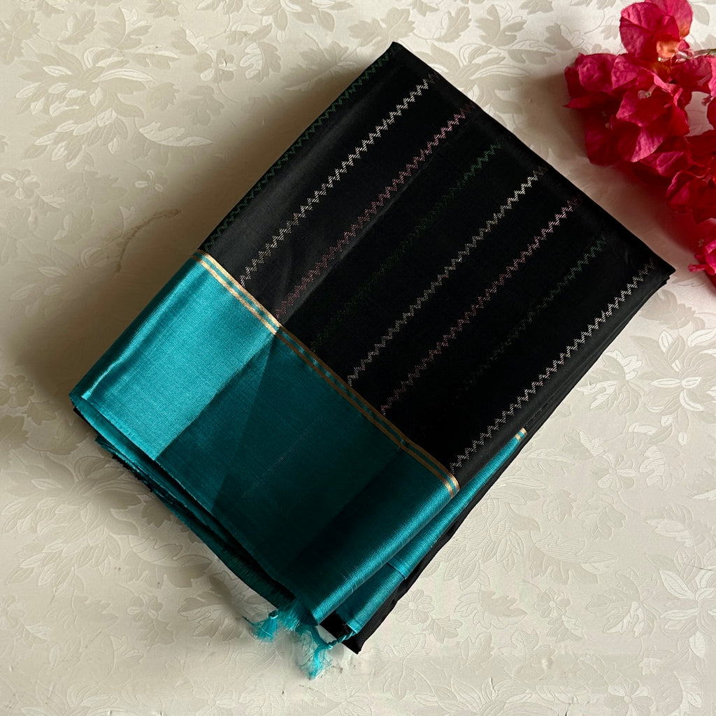 Jet Black Designer Pure Silk Saree With Teal Pallu And Gold Zari
