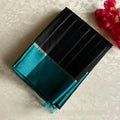 Jet Black Designer Pure Silk Saree With Teal Pallu And Gold Zari