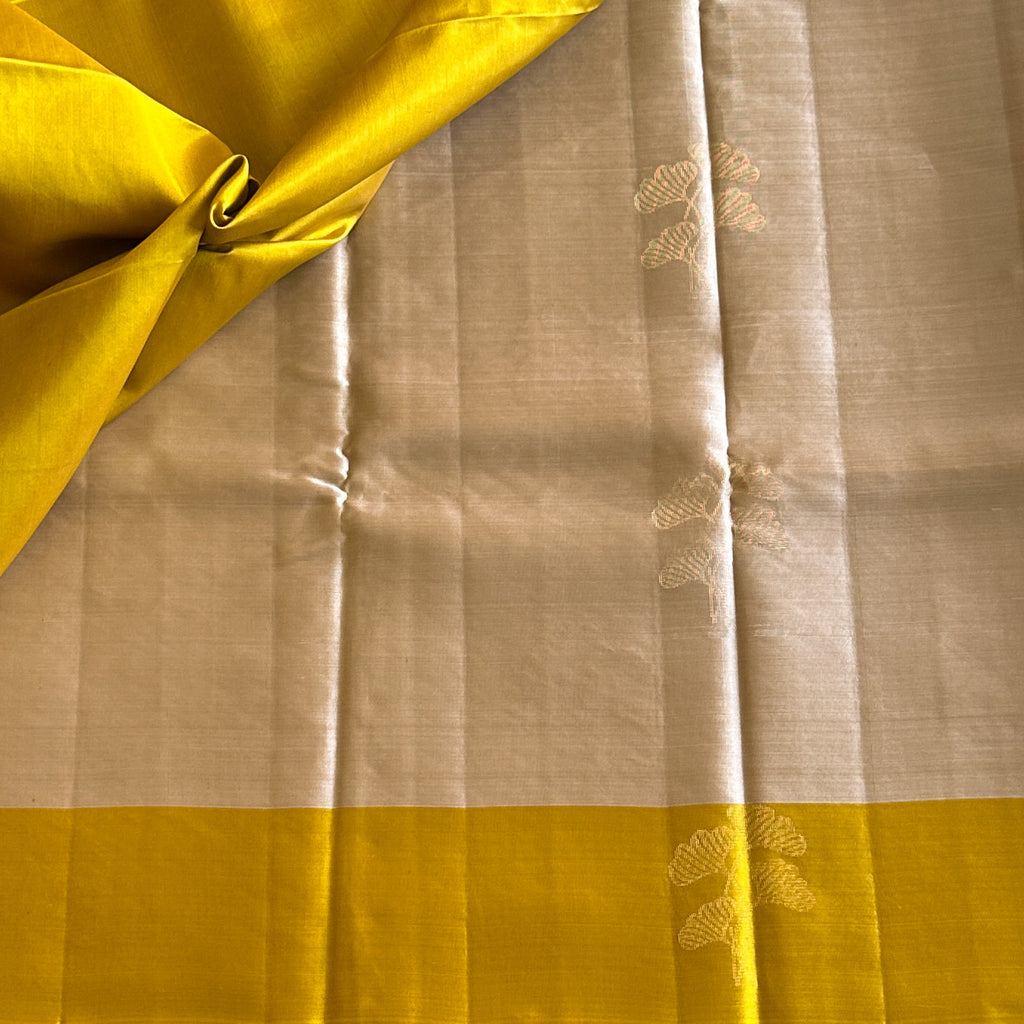Metallic Greyish Beige with Mango Yellow Designer Pure Silk with Floral Zari Weave