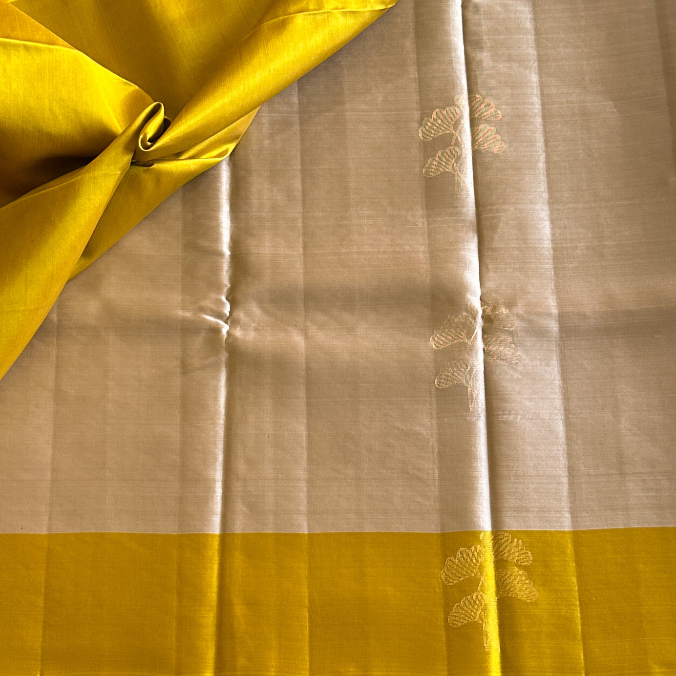 Metallic Greyish Beige with Mango Yellow Designer Pure Silk with Floral Zari Weave