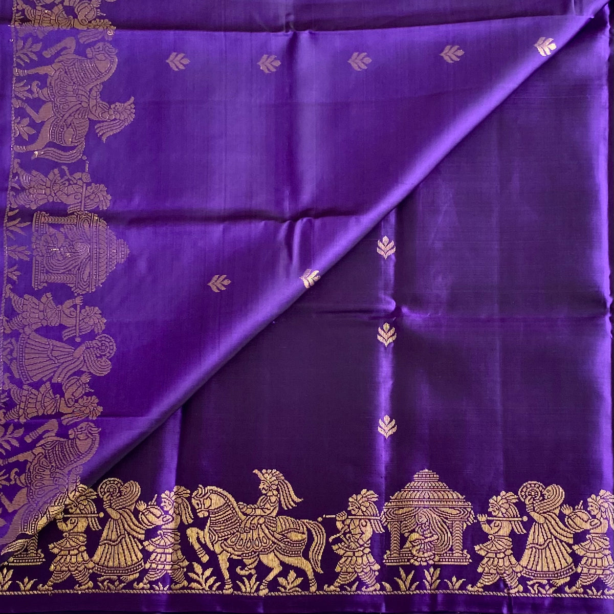 Royal Indigo Purple Designer Pure Silk Saree With Antique Gold Border Striped Pallu