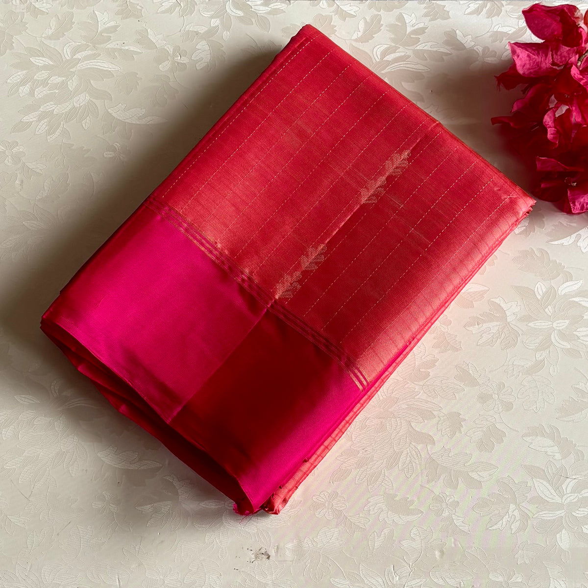 Designer Pure Silk Saree With Coral Peach & Rani Pink Combination