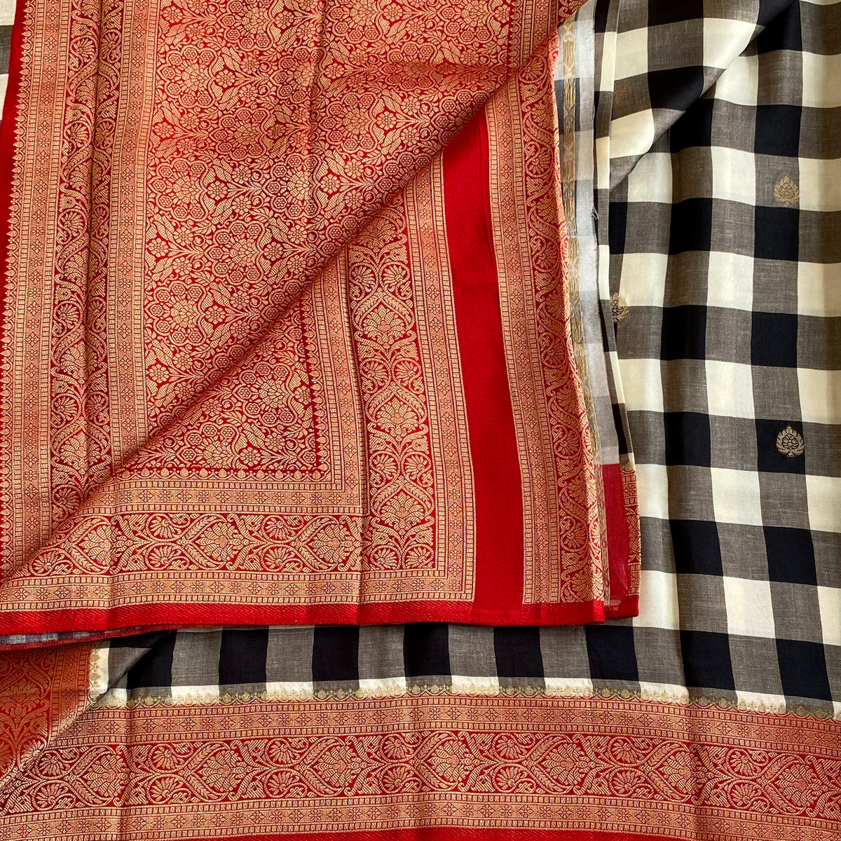 Charcoal Gray And Black Soft Tussar Silk Saree With Red Pallu
