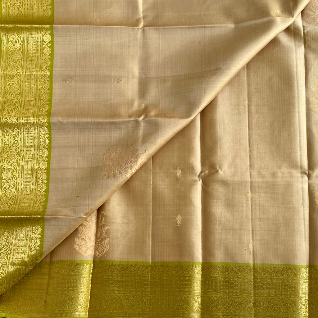 Champagne Beige & Chartreuse Green Designer Pure Silk Saree