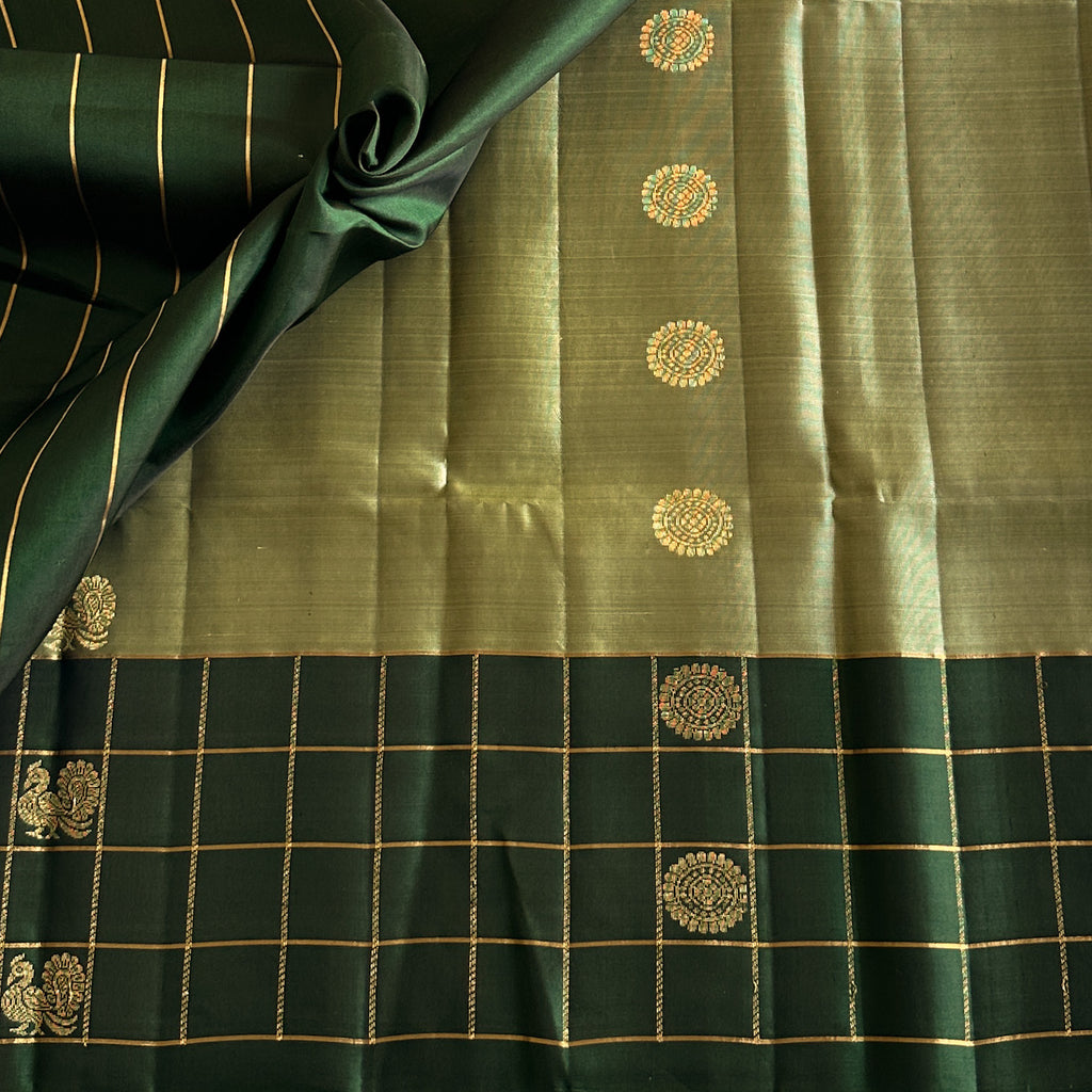 Rare Stunner Sage Green With Bottle Green Handwoven Pure Silk