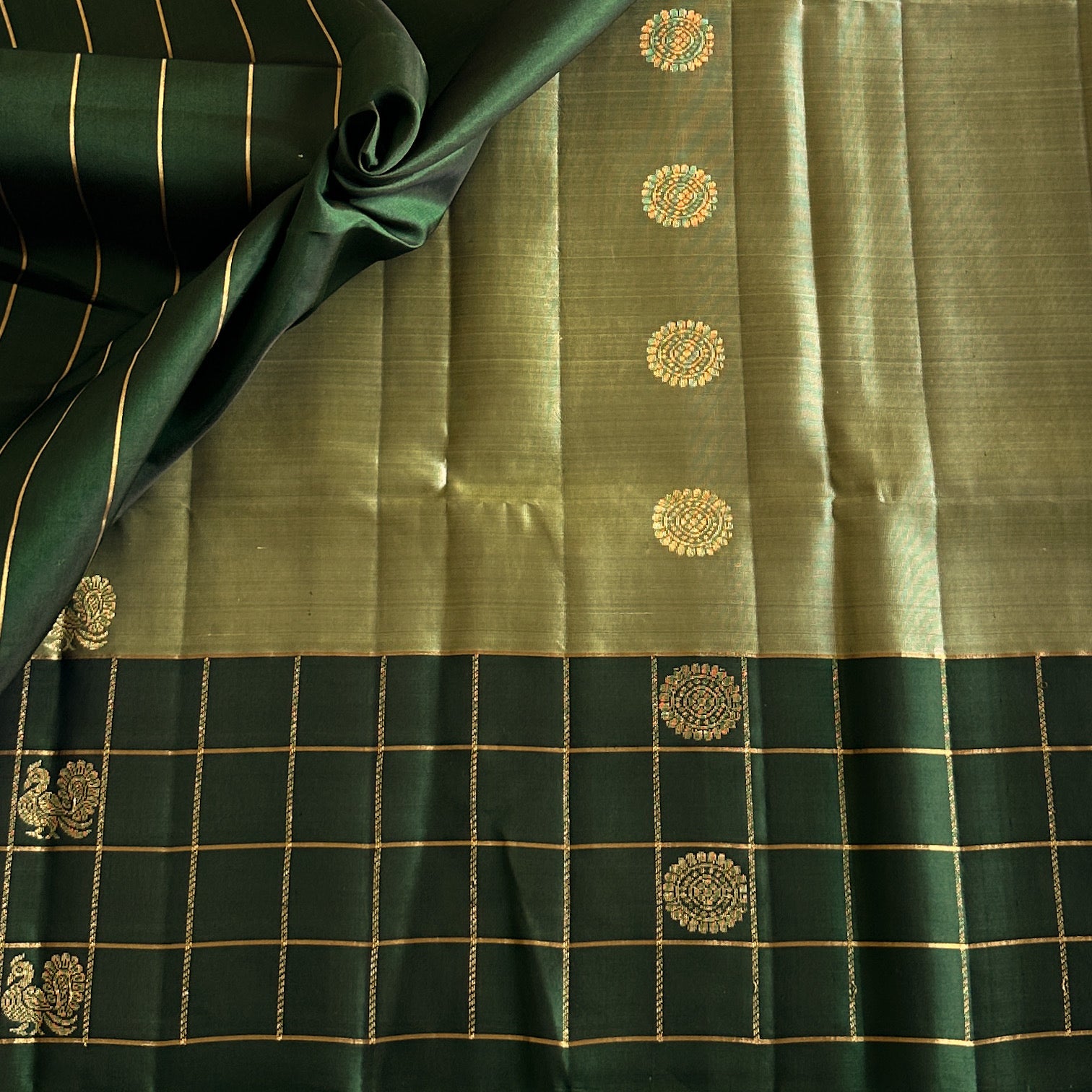 Rare Stunner Sage Green With Bottle Green Handwoven Pure Silk