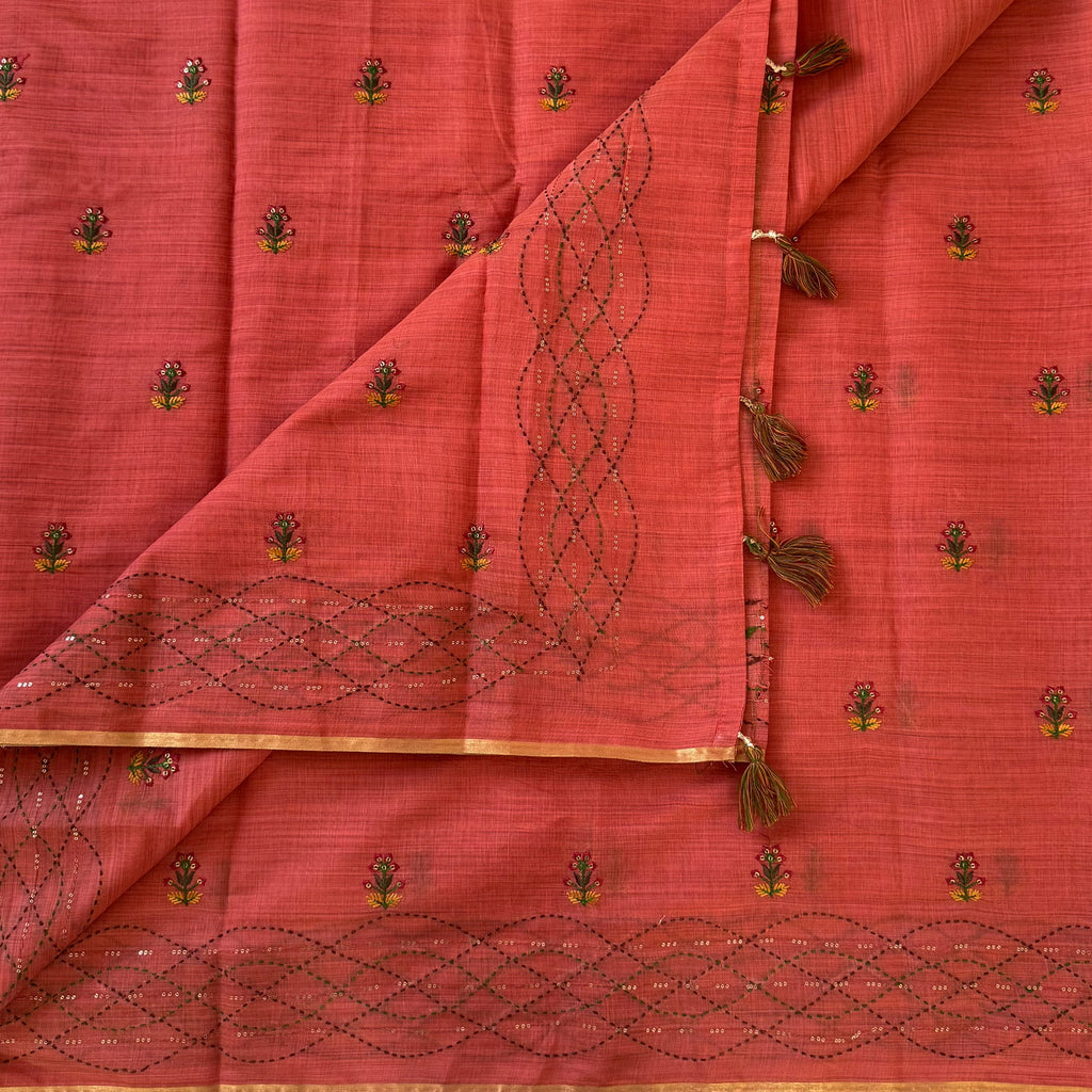 Coral Floral Embroidered Sequined Saree With Golden Border And Tassels